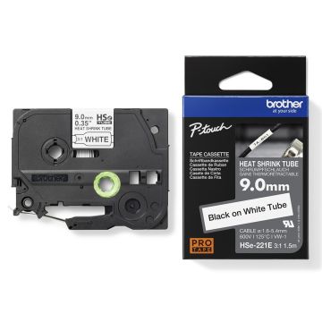 Brother HSE-221E Labelling Tape 9mm Shrink Tube Black Ink on White Tape