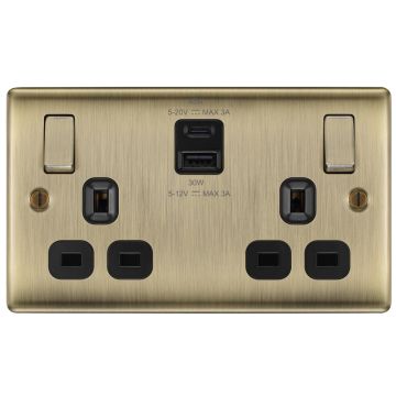 Image of BG Nexus Metal 13A 2 Gang DP Switched Socket Antique Brass 2 USB A+C 45W