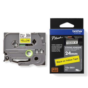 Brother TZES651 Labelling Tape 24mm Strong Adhesive Black Ink on Yellow Tape