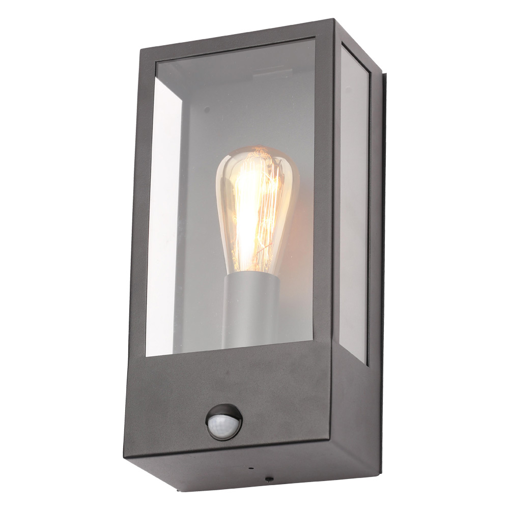 Image for Forum Zinc Minerva Wall Box Lantern Outdoor Light with PIR Sensor 42W ES (E27) Black Glass