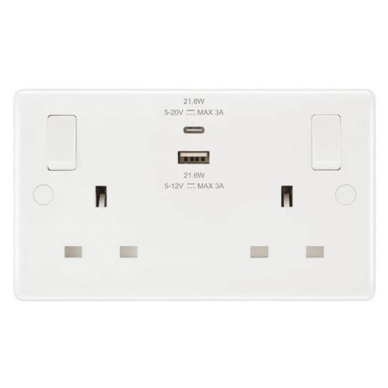 Avenue 13A 2 Gang Socket with Fast Charge 22W USB-A and USB-C