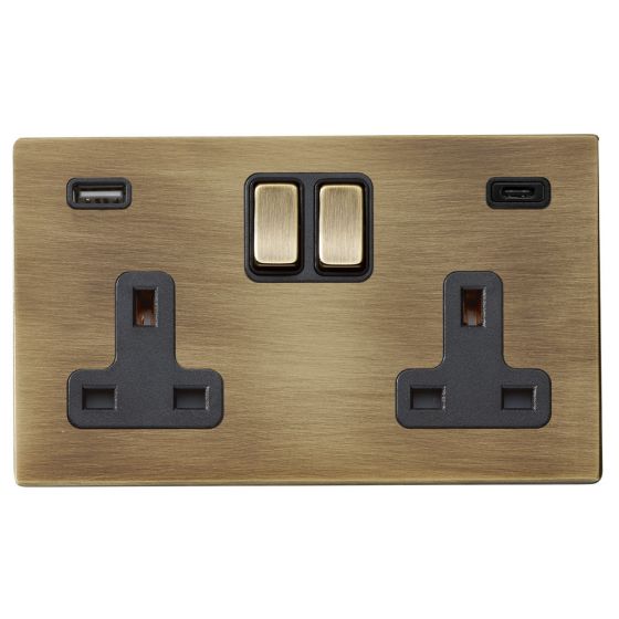 Image of Avenue Screwless Slim Type-C USB Socket 2 USB 2 Gang 13A DP Switched Antique Brass Black Insert
