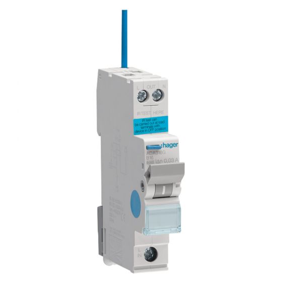 Image of Hager ADA316G 16A RCBO Type A 30mA Single Pole 6kA Single Module