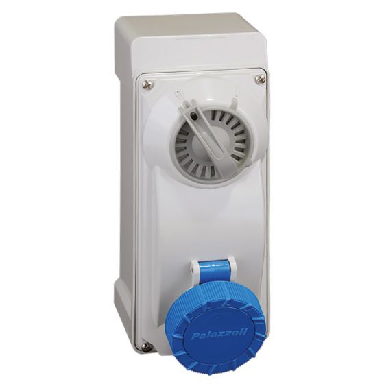 Image of Lewden 16A 230V Blue Switched Interlocked Socket 2 Pin + Earth IP66