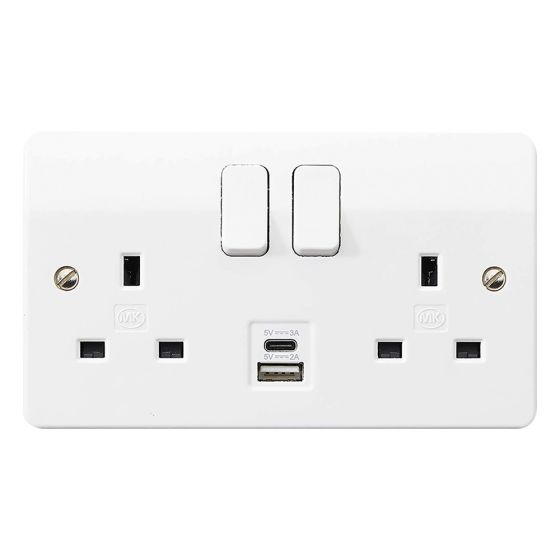 Image of MK Logic K2745WHI Type A & C USB Charger Socket 2 Gang 13A Switched DP White