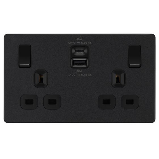 Image of BG Evolve Metal 13A 2 Gang DP Socket Screw less Matt Black USB A+C 45W