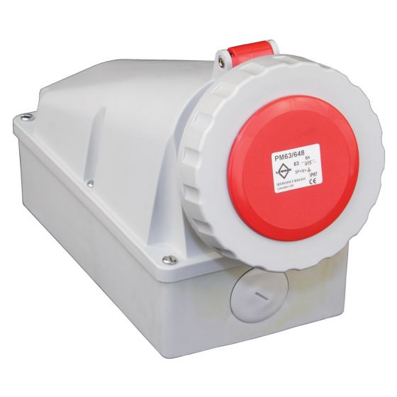 Image of Lewden 63A 400V Red Industrial Angled Socket 5 Pin Watertight IP67